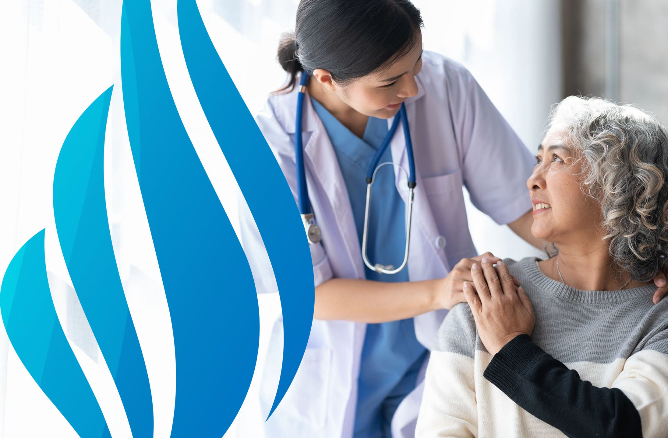 Healthcare professional providing support to an elderly woman, both smiling and engaging warmly.